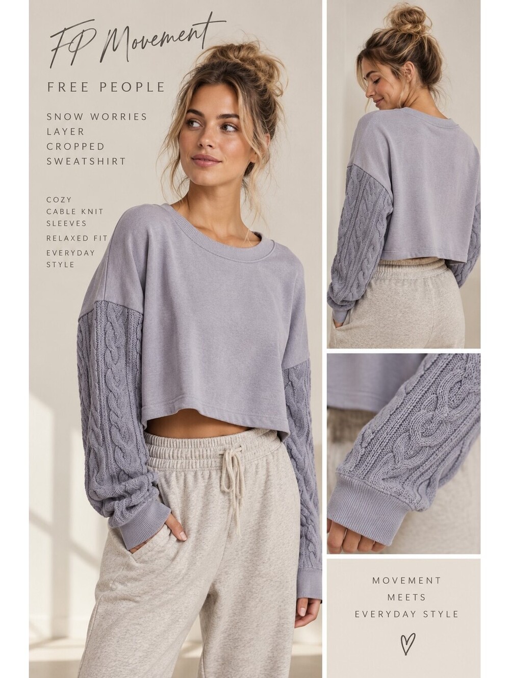 FP Movement Free People Snow Worries Layer Cropped Sweatshirt XL Gray